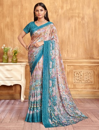 Rama blue and peach printed crepe saree