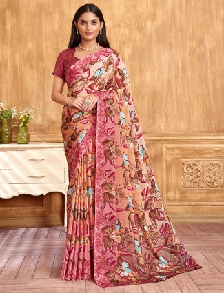 Peach crepe saree with wide border