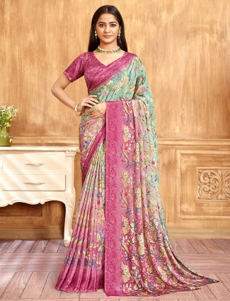 Pista green and pink crepe printed saree