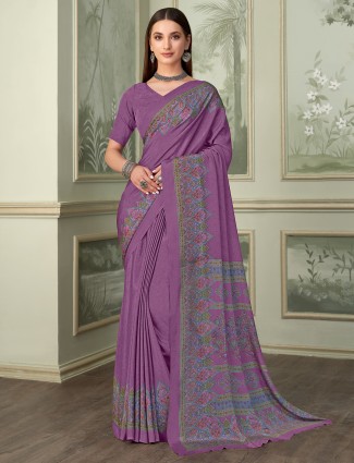 Purple crepe saree with nicely printed border