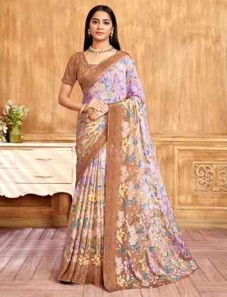 Purple crepe printed saree with brown blouse