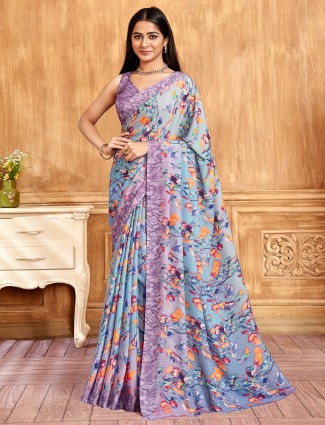 Stone blue crepe printed saree