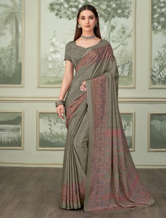 Stone grey crepe saree with awesome prints