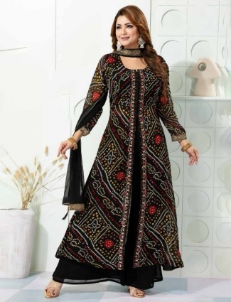 Black bandhej printed quarter sleeves palazzo suit