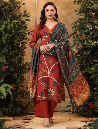 Brown printed sequins worked silk kurti set