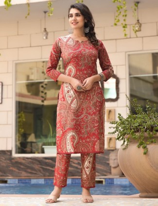 Brown printed silk casual wear kurti set
