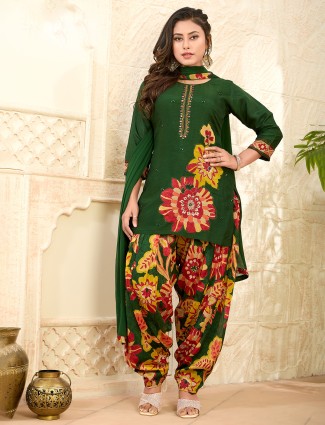 Dark green silk embroidered printed salwar suit