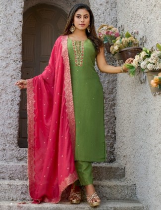 Green silk straight cut salwar suit with resham work