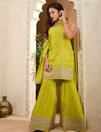 Lemon yellow silk sharara suit zardosi embellishment