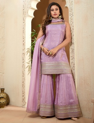 Lilac purple silk sharara suit with resham and zari work