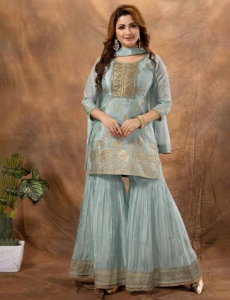 Mint blue tissue silk wedding style sharara suit
