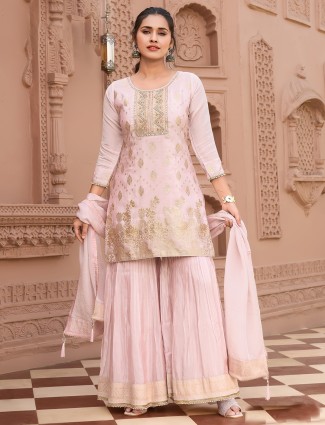 Pink tissue silk  quarter sleeves sharara suit