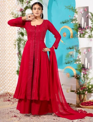 Red georgette wedding style embroidered palazzo suit