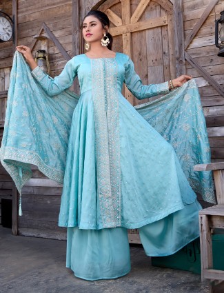 Sky blue pakistani silk  embroidered palazzo suit