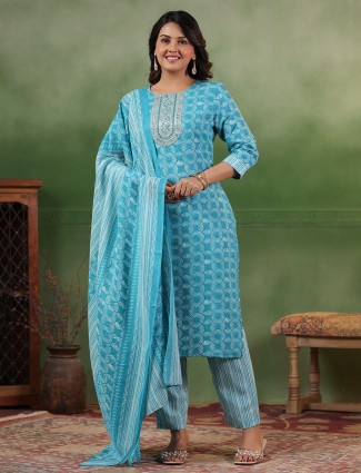 Aqua printed silk kurti with matching pant