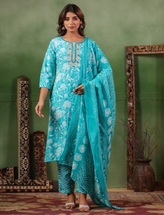 Aqua printed silk kurti set with matching dupatta