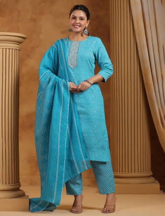 Aqua silk printed kurti with matching pant