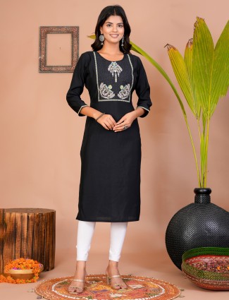 Black cotton embroidered yoke kurti