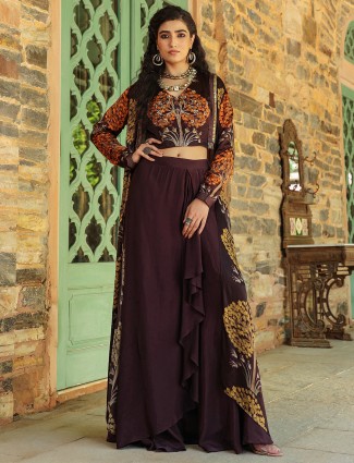 Brown silk indowestern partywear salwar suit with shrug