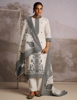 Cream color sequins worked printed silk kurti set