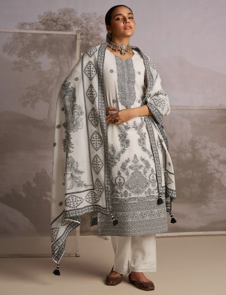 Cream printed silk kurti set for festival season