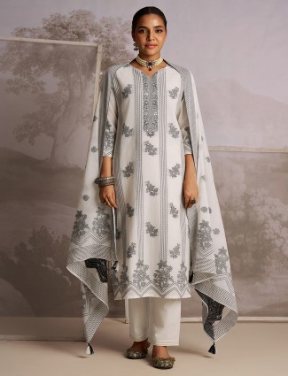 Cream silk kurti set with printed designs