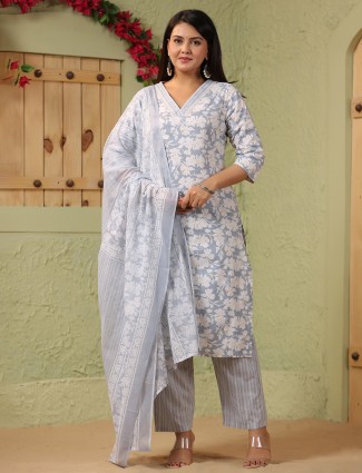 Grey floral printed silk kurti set with dupatta