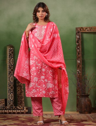 Light pink silk printed kurti set with matching pant