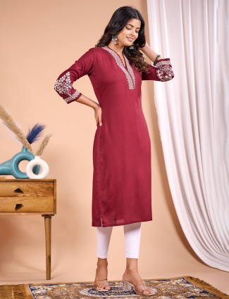 Maroon silk V neck embroidered kurti