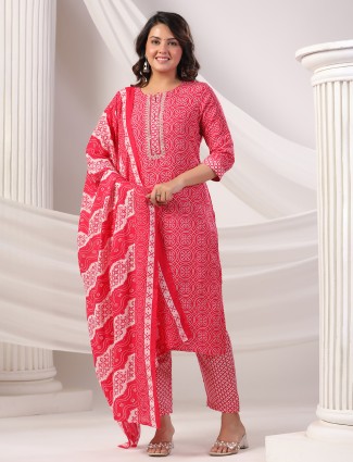 Rani color printed resham worked silk kurti set