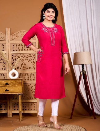 Rani color silk  embroidered kurti