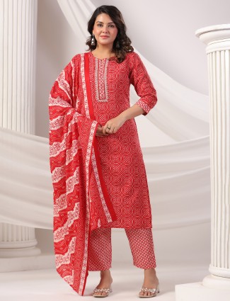 Red printed silk kurti set for festival season