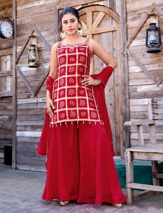 Red silk printed wedding wear sleeveless palazzo suit