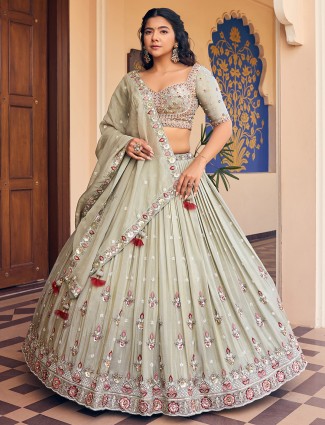 Sage green georgette lehenga choli with matching dupatta