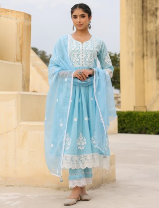 Sky blue cotton kurti set with matching dupatta