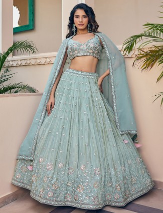 Stunning pista green sweetheart neck silk lehenga choli