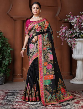 Black dola resham woven silk saree