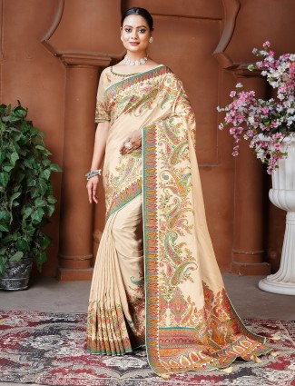 Chiku color dola silk saree with unstitched blouse piece