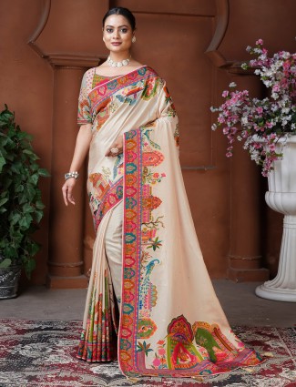 Chiku hue dola silk saree with unstitched blouse piece