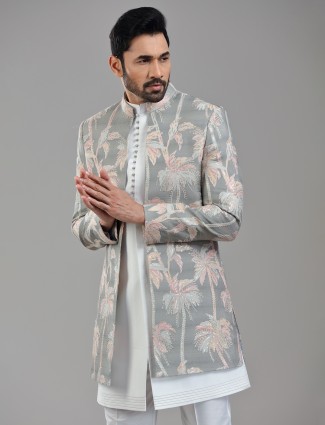 Grey silk jacket style indowestern with stunning sequins work