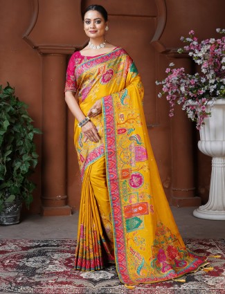 Gold yellow dola silk resham woven saree for festivals