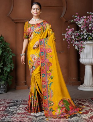 Mustard yellow dola silk saree with zari embellishment