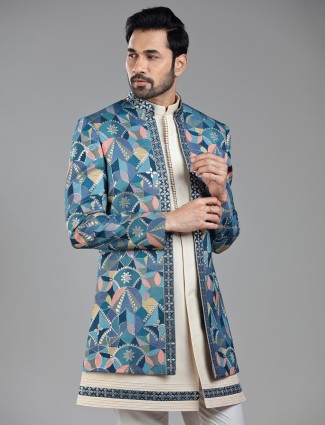 Blue silk jacket style indowestern with zari work
