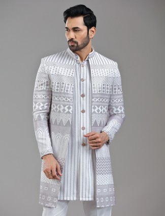 White silk jacket style indowestern with resham work