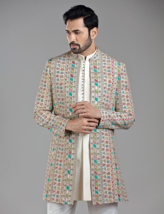 Beige silk jacket style indowestern with designer prints