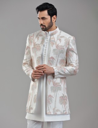 Cream silk jacket style indowestern with embroiderey works