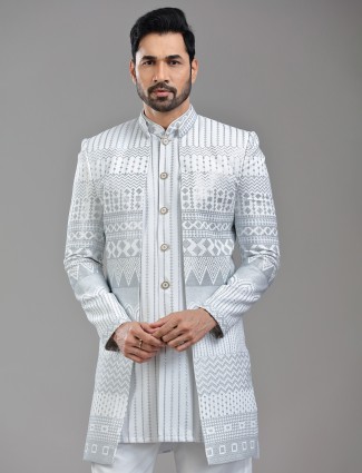 White silk jacket style indowestern with sequins and resham work