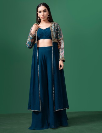 Rama blue silk V neck salwar suit with matching dupatta