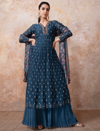 Blue silk pakistani quarter sleeves palazzo suit