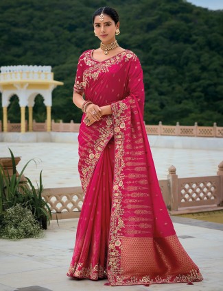 Bright maroon silk saree for wedding ceremony